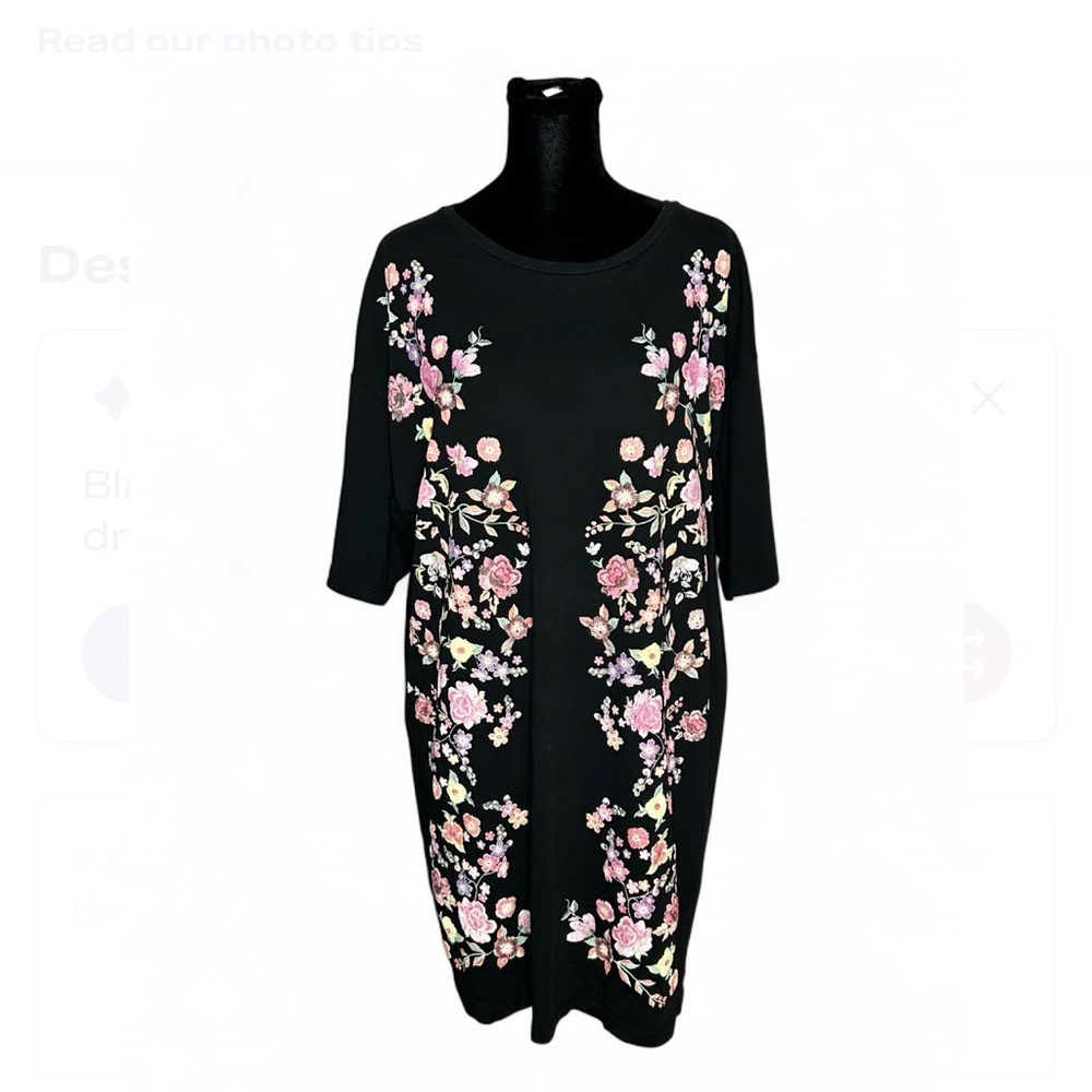 ZARA TRAFALUC Black Short Sleeve Shirt Dress L With Pink Floral Design